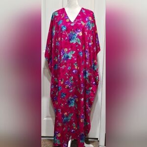 Vintage Winlar Fuschia Floral Muumuu Caftan Kaftan Dress OSFM
